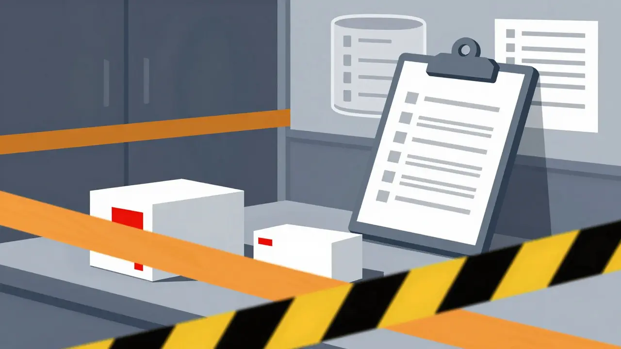 Medicine boxes isolated in quarantine zone with recall indicators attached