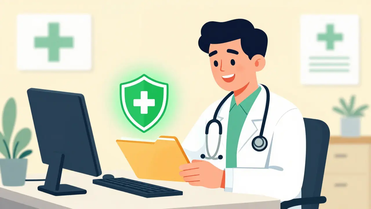 Nurse reviewing safety report with smile