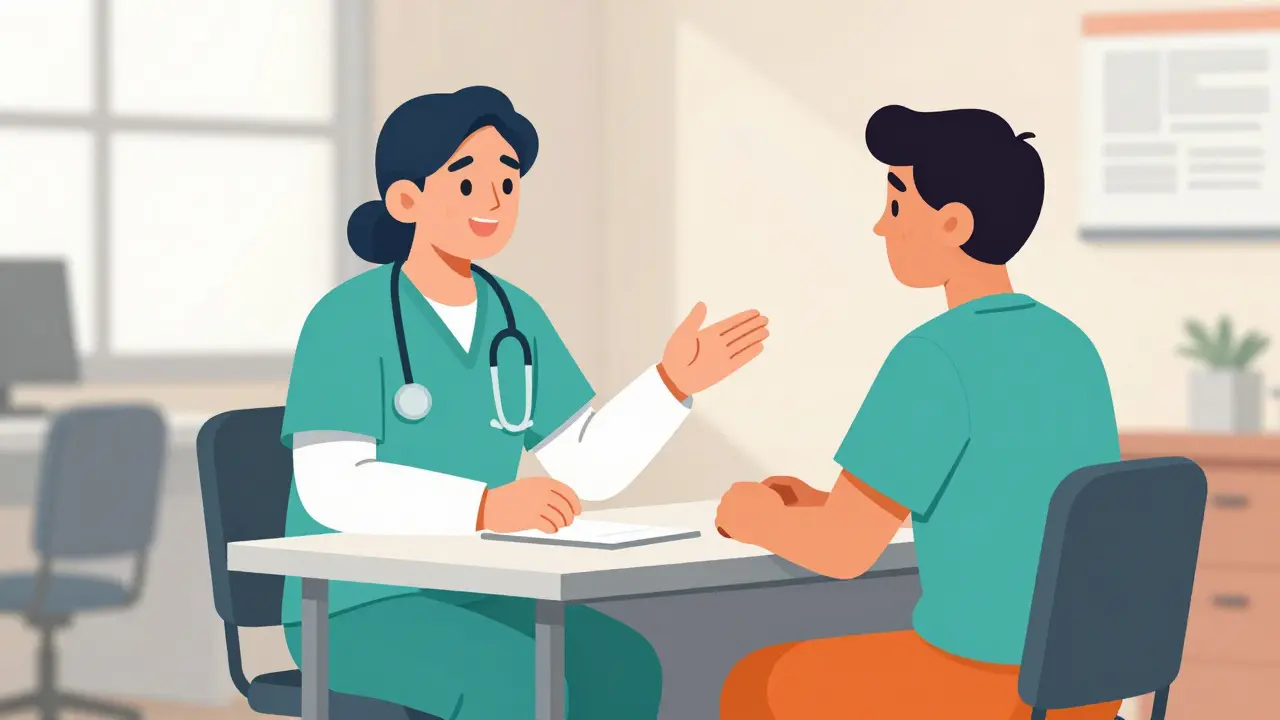 Patient and safety officer having collaborative conversation at clinic office desk