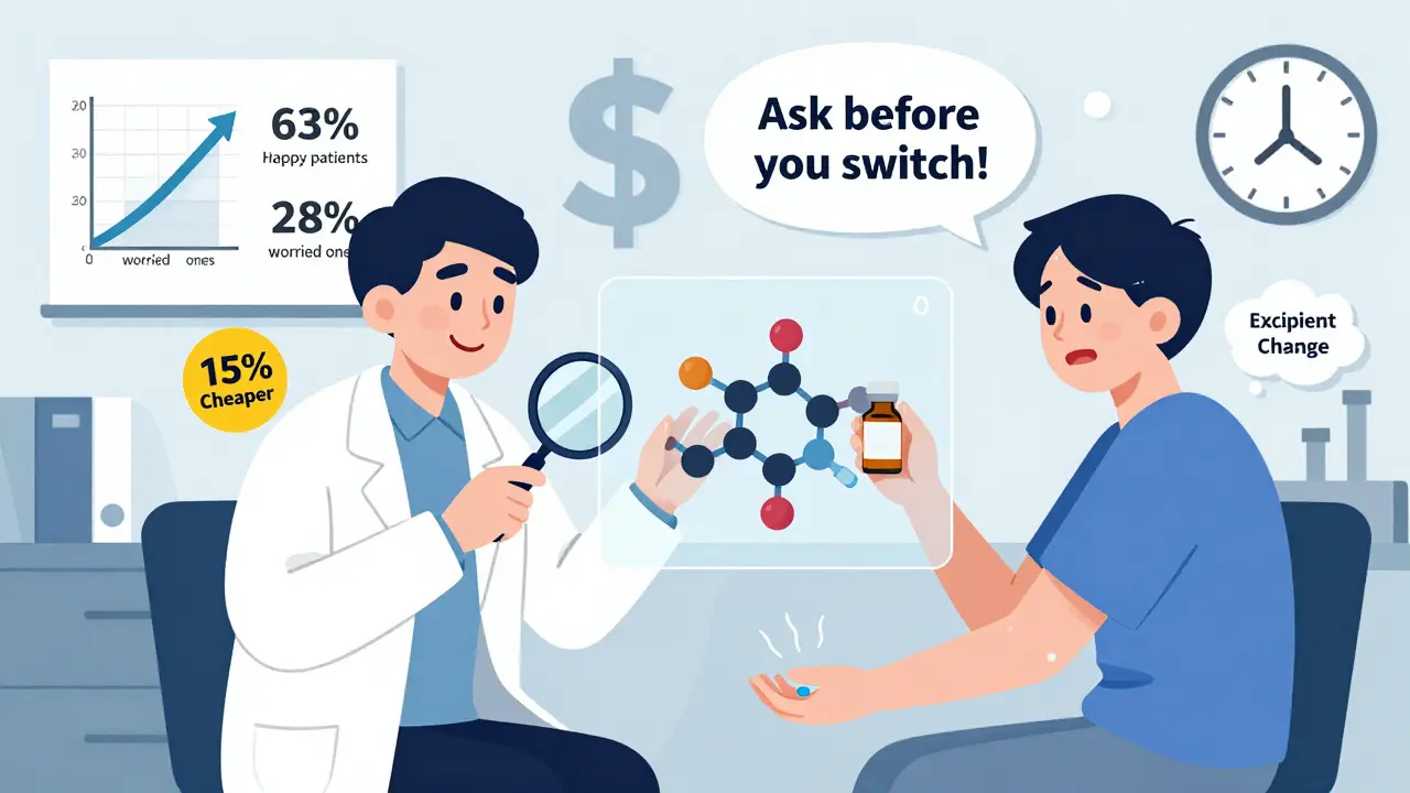 Patient examining a biosimilar drug with transparent molecular view, showing both positive and negative outcomes side by side.