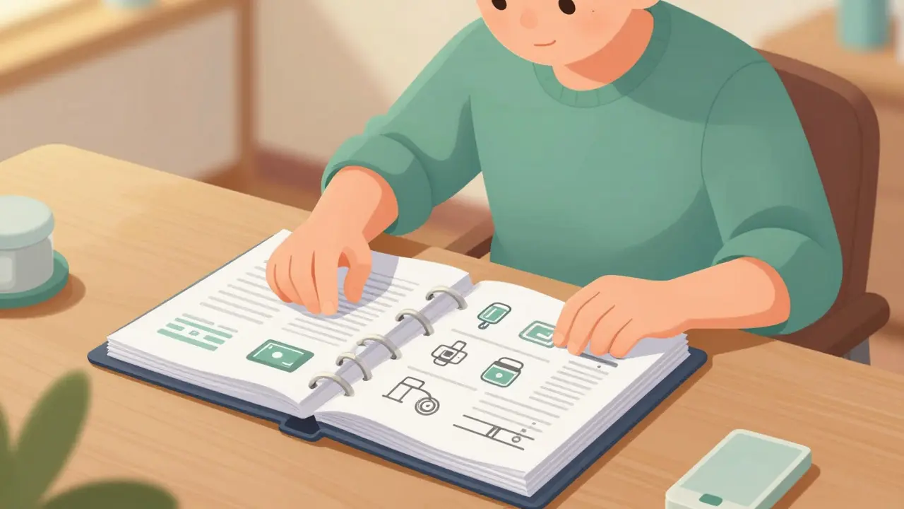 Patient organizing medical records and implant cards in binder.