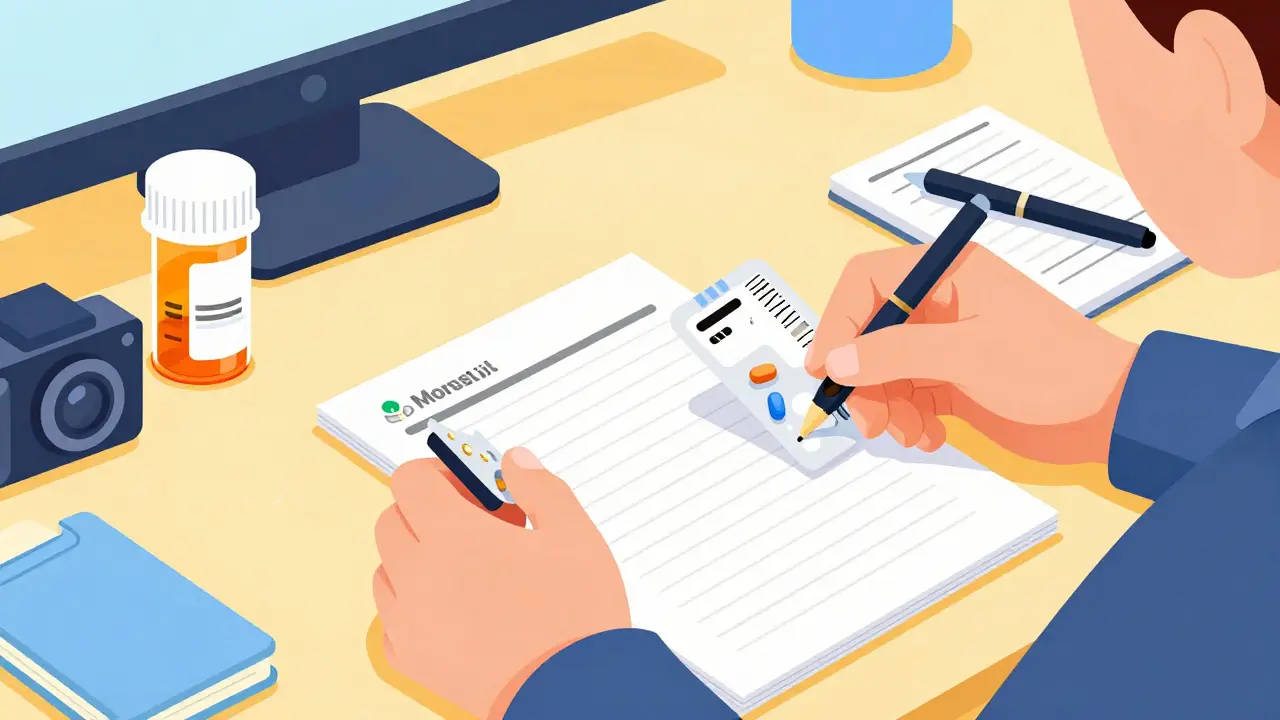 Person documenting medication details at home with prescription bottle and phone camera