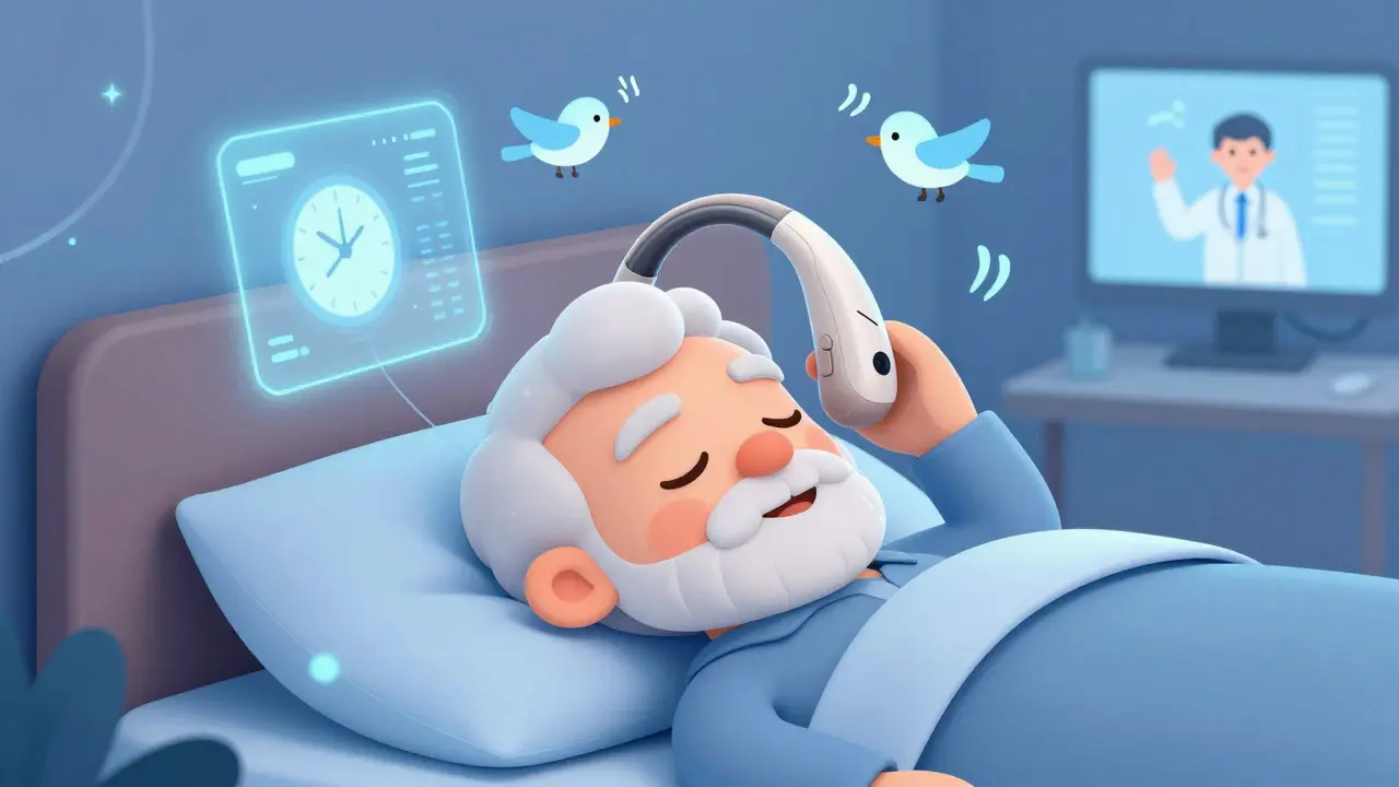 Smart hearing aids automatically adjusting to sounds in a bedroom, guided by AI and remote monitoring.