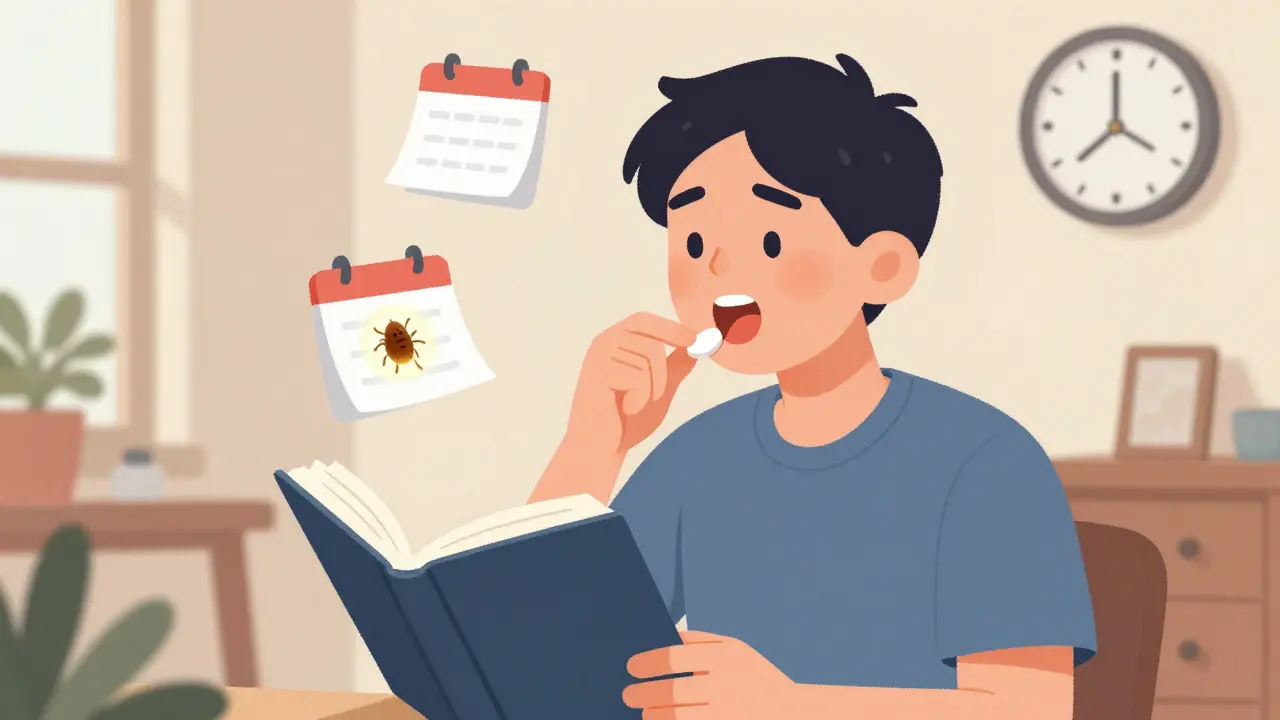 Someone taking a sublingual tablet at home with a single allergen dissolving under their tongue.