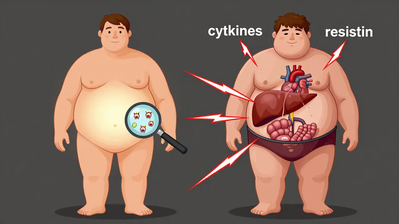 Two people side by side—one healthy, the other with shadowy visceral fat emitting harmful signals—highlighting hidden internal risks.