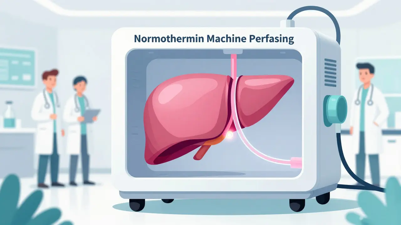 A futuristic medical machine keeping a healthy donor liver alive through perfusion.