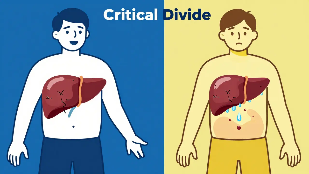 A split-screen illustration comparing a healthy-looking person with a symptomatic patient.