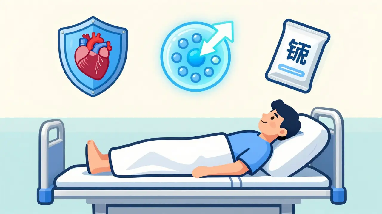 Cartoon depiction of medical interventions to stabilize the heart and lower potassium.