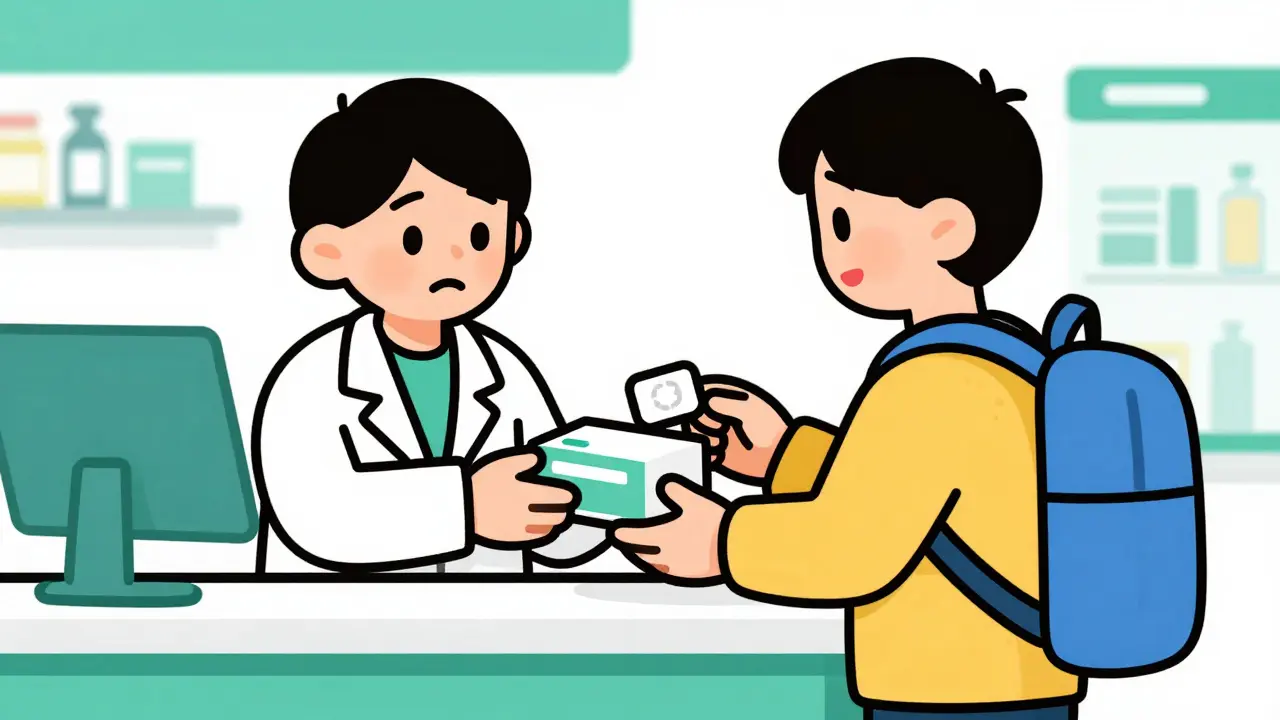 Cartoon pharmacist handing sealed medicine box to relieved customer.