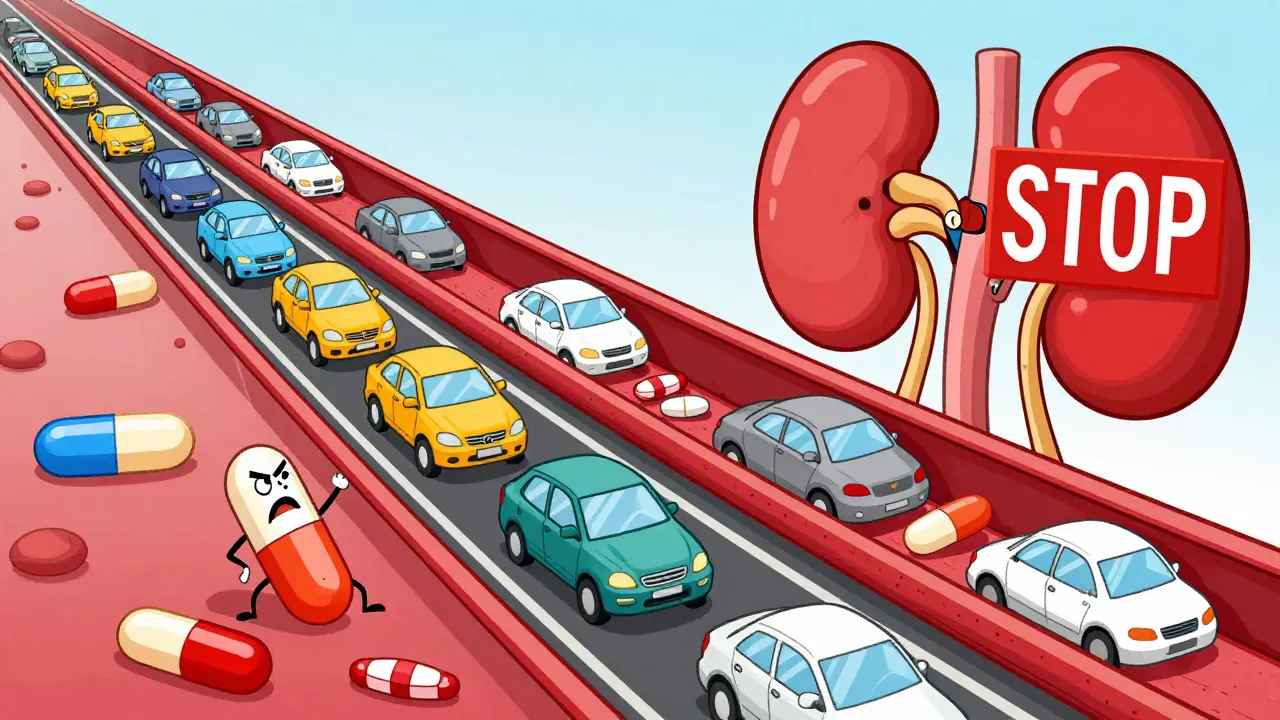 Cartoon showing a traffic jam of medicine pills in a bloodstream with a blocked exit to the kidney.