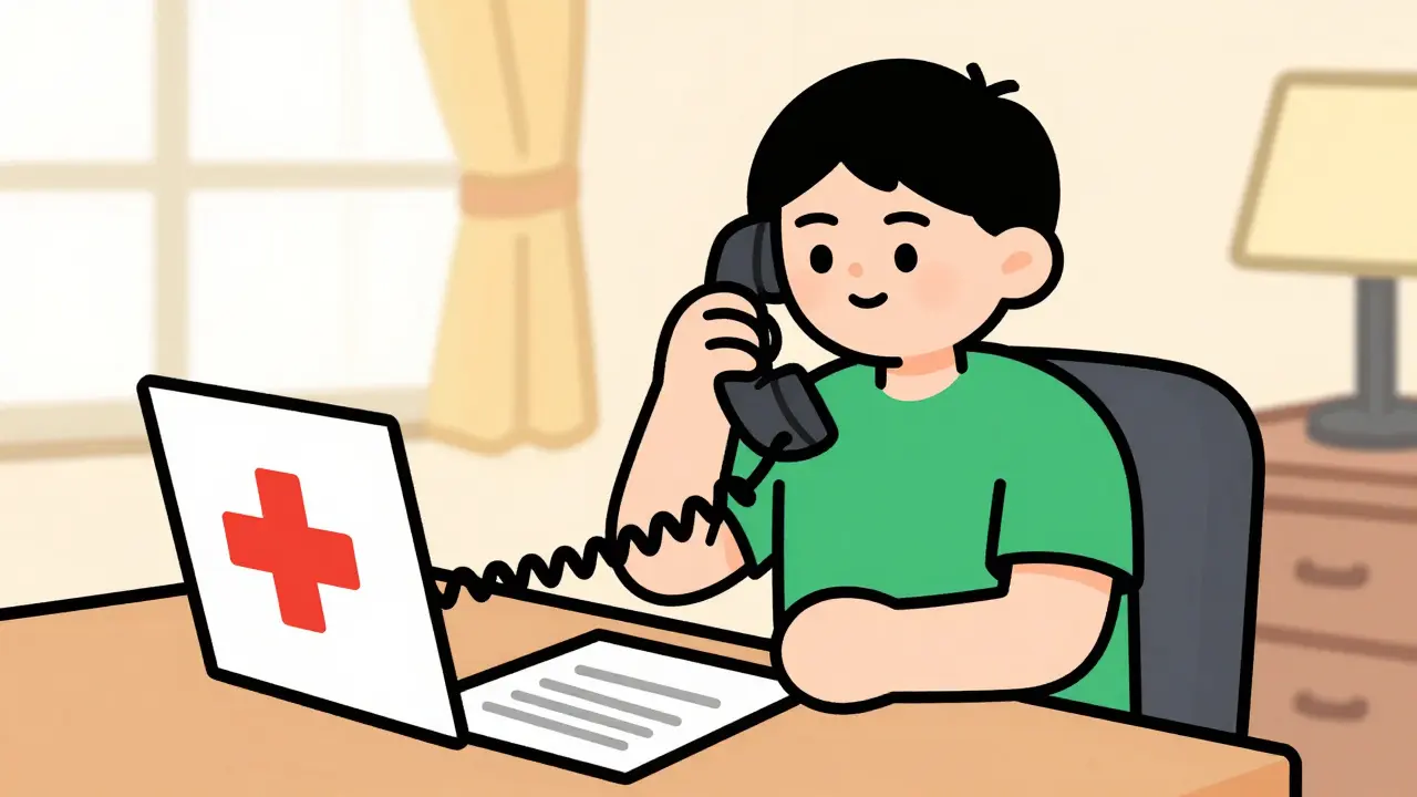 Cartoon traveler on phone in hotel room with medical documents nearby.