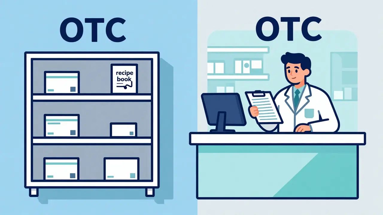 Comparison of an open OTC shelf and a professional pharmacy prescription counter.