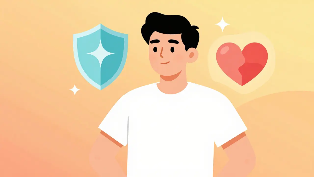 Confident person with clear skin surrounded by wellness symbols.