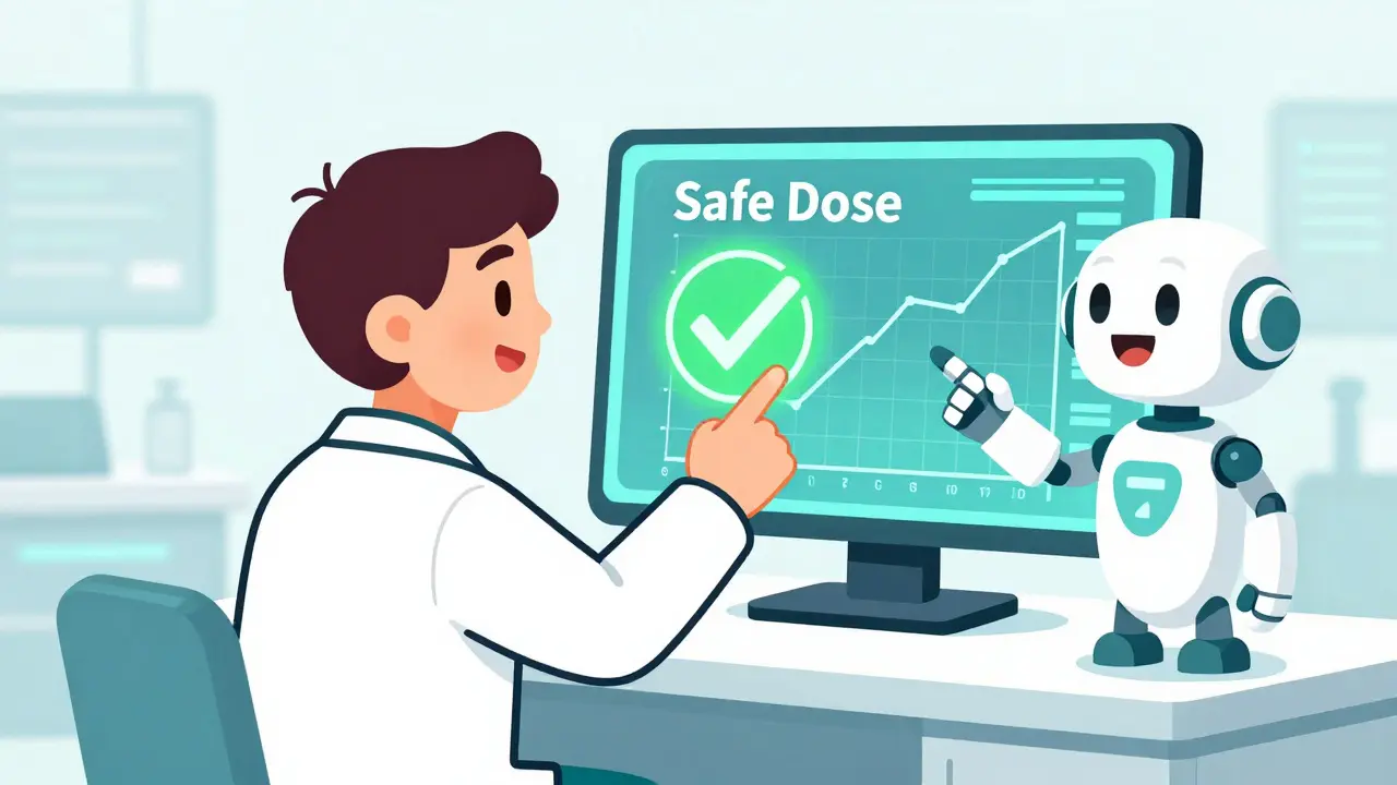 Digital healthcare scene with a doctor and robot managing safe medication doses for a patient.