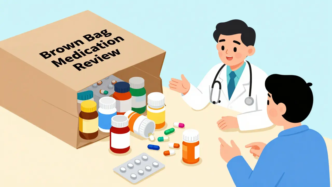 Doctor and patient reviewing various medication bottles taken out of a brown paper bag