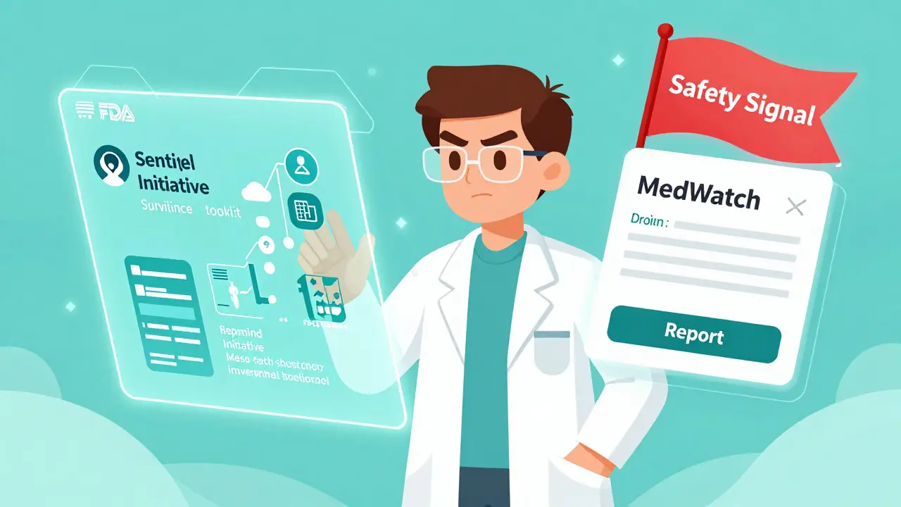 FDA scientist monitoring safety signals using holographic data screens and reporting tools.