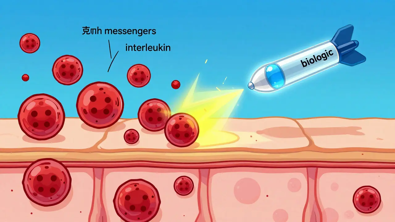 Graphic showing a biologic protein molecule targeting inflammation signals in the skin.