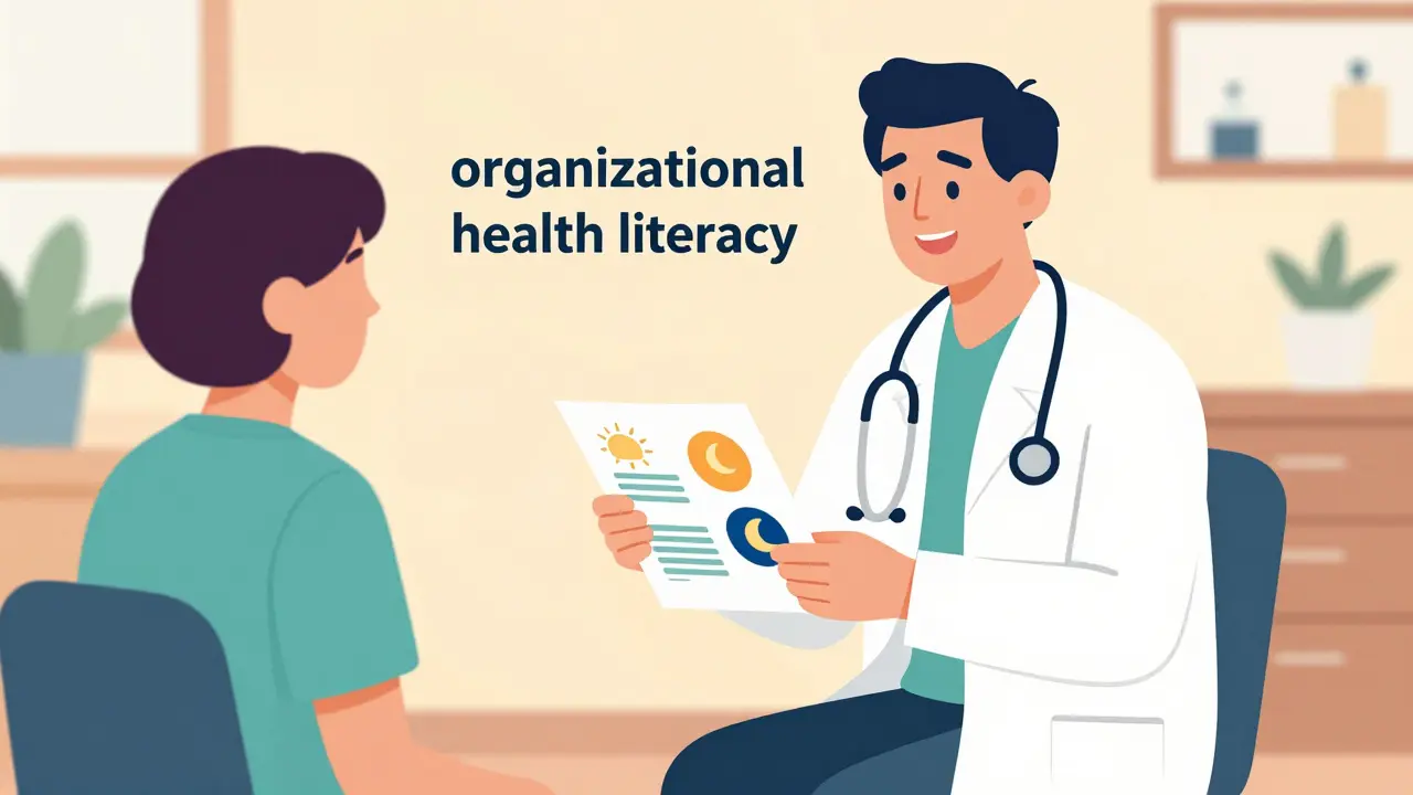 Healthcare provider using visual icons to explain medication instructions to a patient