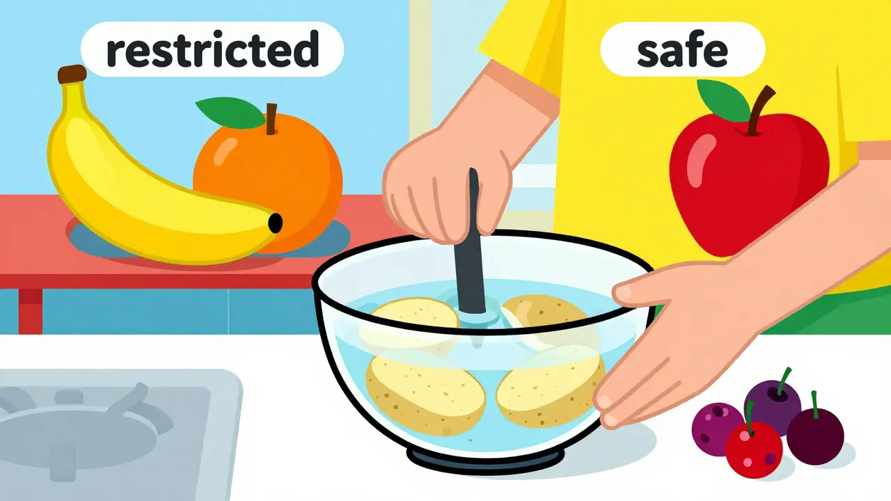 Illustration of a renal-friendly kitchen with leaching potatoes and low-potassium fruits.