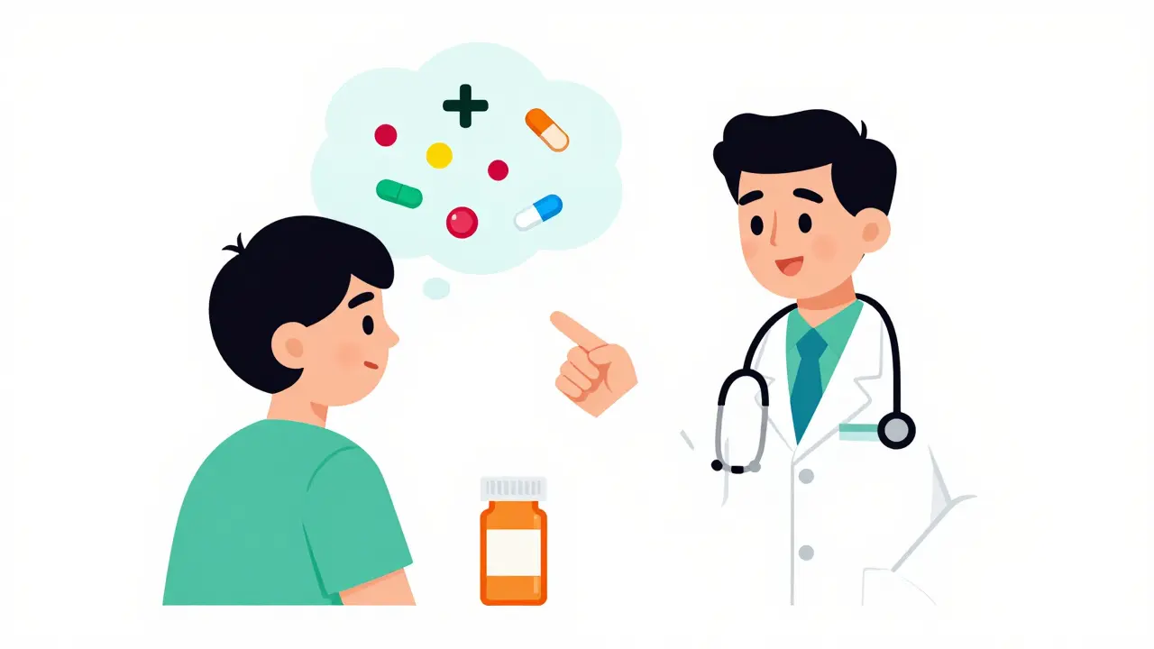 Patient talking to a pharmacist about medication safety and drug interactions.