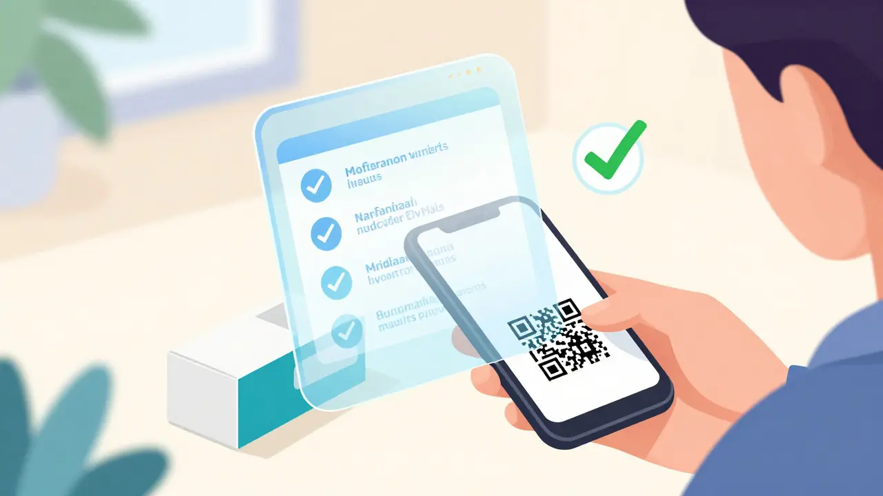 Person scanning a QR code on a medicine box with a smartphone for digital labeling