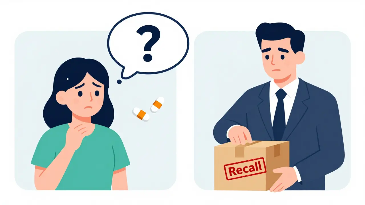 Split scene showing a patient questioning generic drug efficacy and an FDA official issuing a recall.