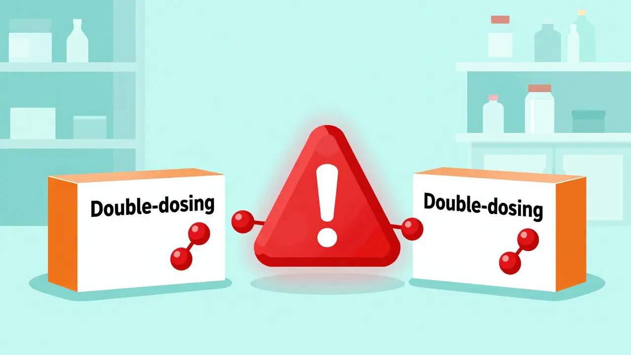 Two different medicine boxes merging into a red warning symbol to show double-dosing risk